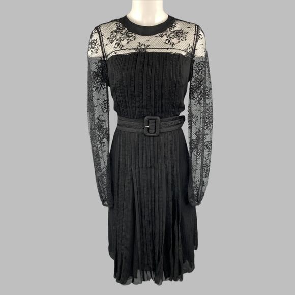 PRADA Size 10 Black Pleated Silk Lace Top Long Sleeve Cocktail Dress - Picture 1 of 8